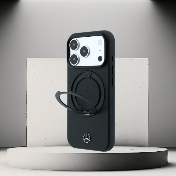 Dėklas Mercedes odinės apyrankės su žiedu ir stovu MagSafe, skirta iPhone 18 Pro / 17 Pro – juoda aprašymas - Prekės nuotrauka