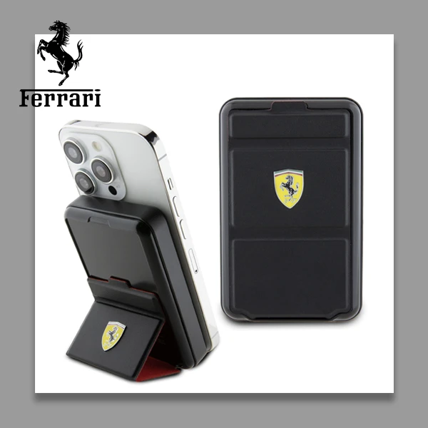 Powerbank Ferrari Metal Logo MagSafe induction 15W 10000 mAh su stovo funkionalumu - juodos spalvos aprašymas - Prekės nuotrauka