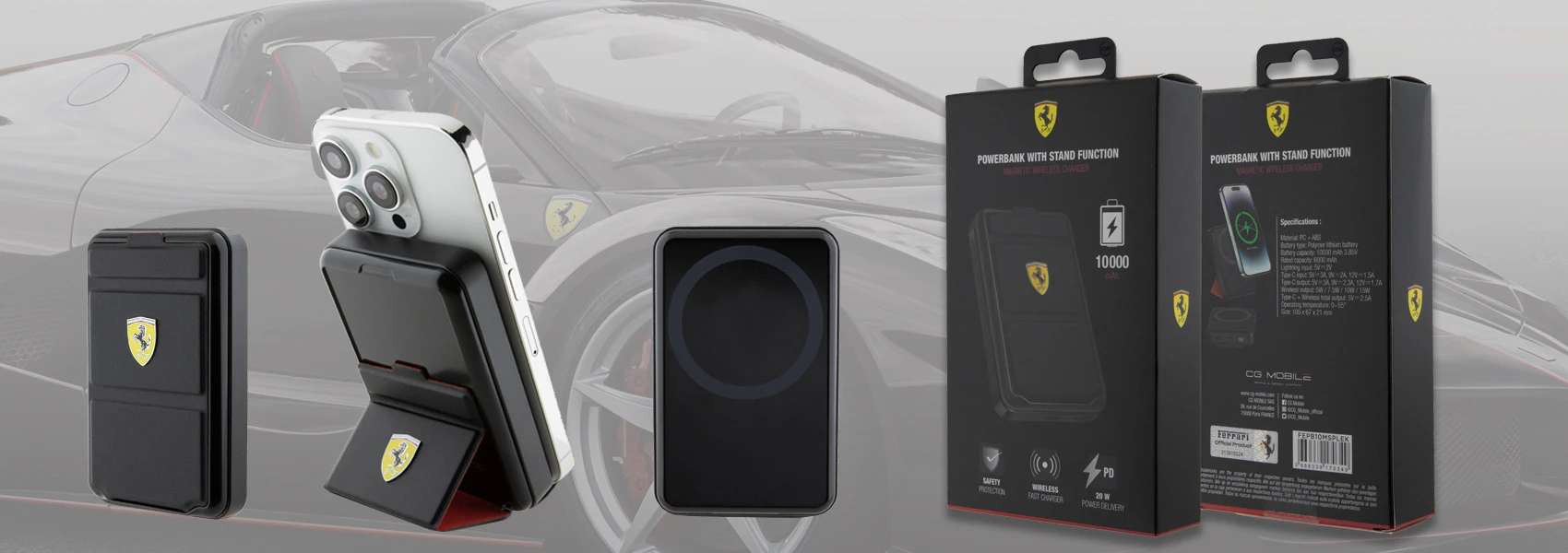 Powerbank Ferrari Metal Logo MagSafe induction 15W 10000 mAh su stovo funkionalumu - juodos spalvos aprašymas - Prekės nuotrauka