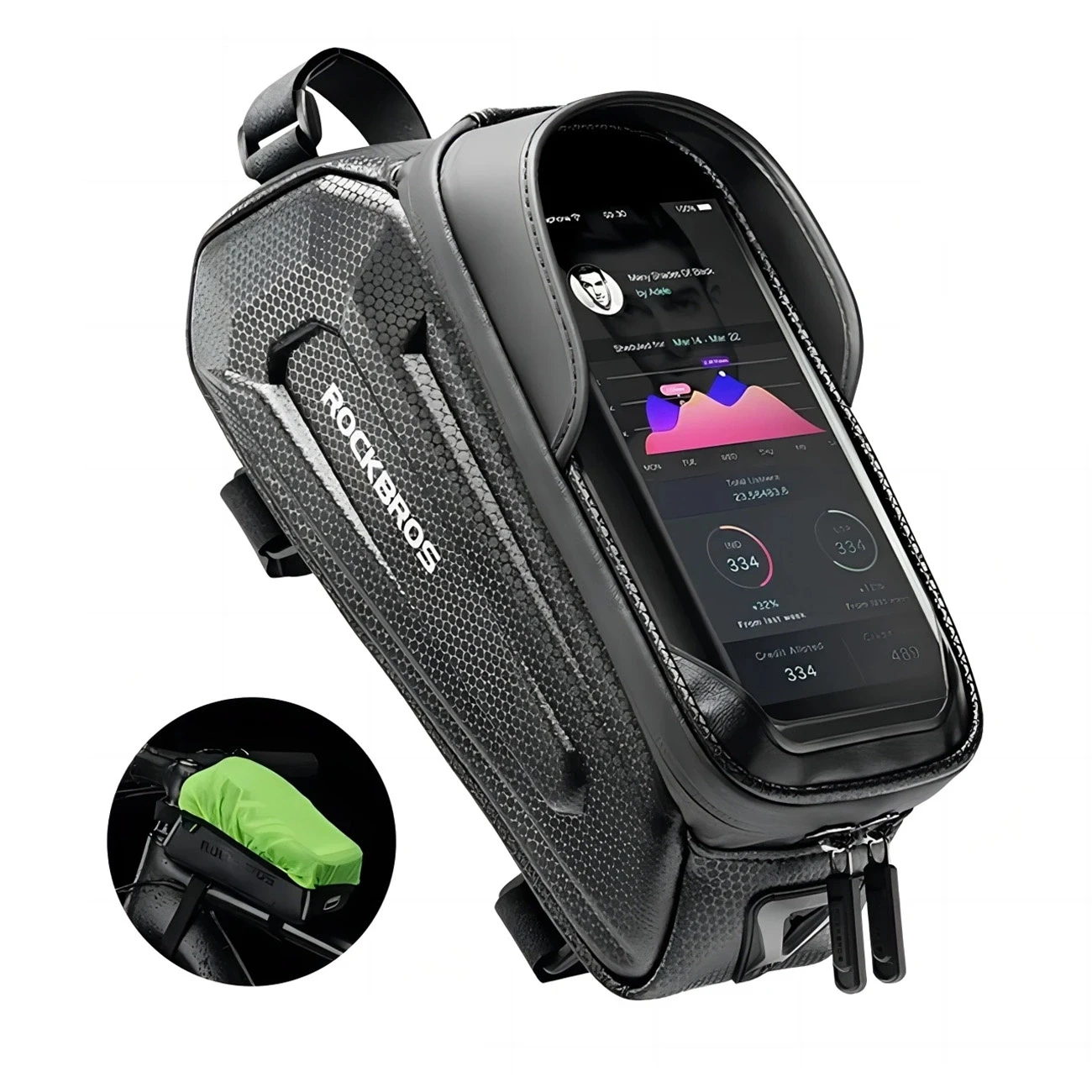 Rockbros B68 dviračio krepšys for armored frame with phone pocket and cover 1.7l – juodos spalvos aprašymas - Prekės nuotrauka