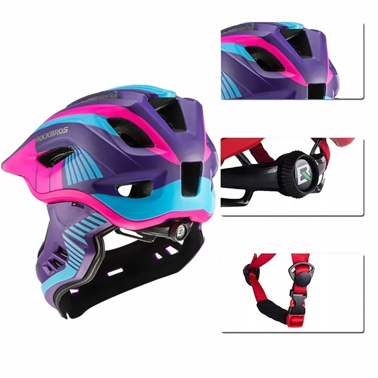 Rockbros TT-32SBPP-S vaikiškas dviračio šalmas su nuimamu smakro juosta, S dydis - purpurinė-rožinė aprašymas - Prekės nuotrauka Rockbros TT-32SBPP-S vaikiškas dviračio šalmas su nuimamu smakro juosta, S dydis - purpurinė-rožinė aprašymas - Prekės nuotrauka