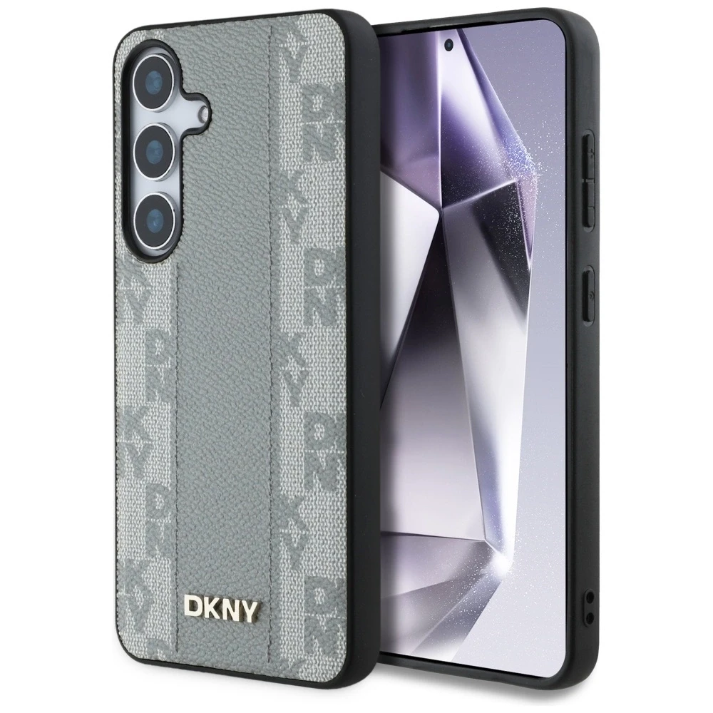 Dėklas DKNY odinis languotas MagSafe Samsung Galaxy S25 pilkšvas