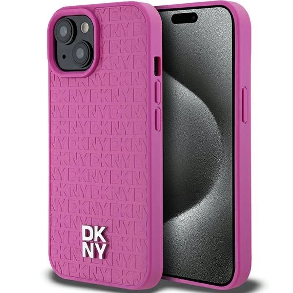 Apple iPhone 13 / 14 / 15 DKNY odinis dėklas Pattern Metal Logo MagSafe (DKHMP15SPSHRPSP) rožinės spalvos