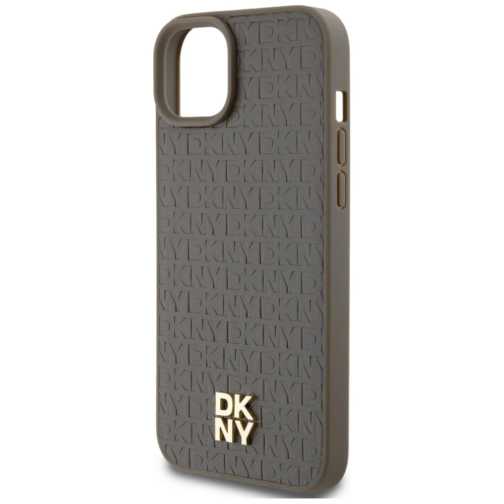 DKNY DKHMP15SPSHRPSW Apple iPhone 15 14 13 6.1 inch rudos spalvos kietas dėklas Leather Pattern Metal Logo MagSafe