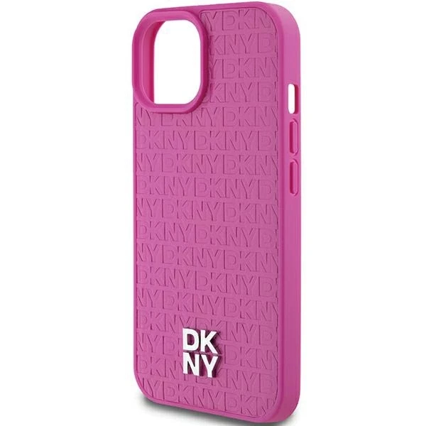 Apple iPhone 13 / 14 / 15 DKNY odinis dėklas Pattern Metal Logo MagSafe (DKHMP15SPSHRPSP) rožinės spalvos