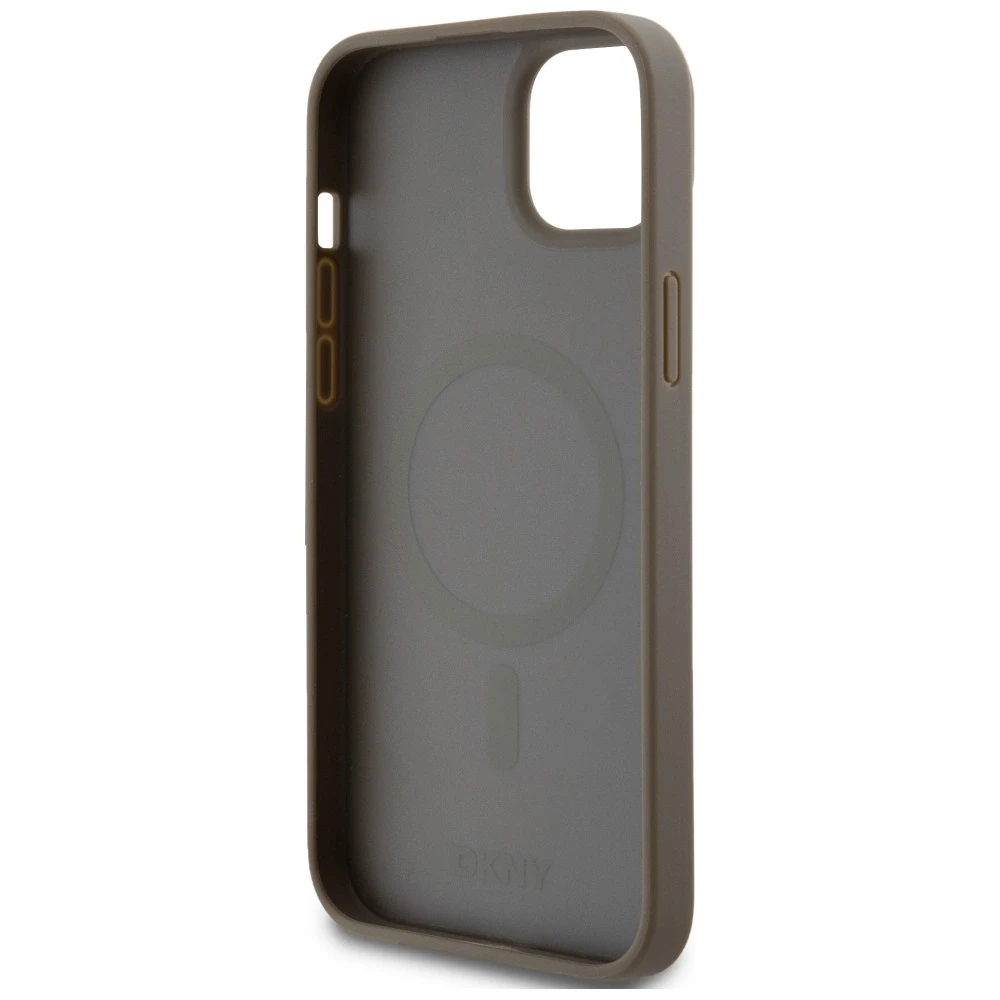 DKNY DKHMP15SPSHRPSW Apple iPhone 15 14 13 6.1 inch rudos spalvos kietas dėklas Leather Pattern Metal Logo MagSafe