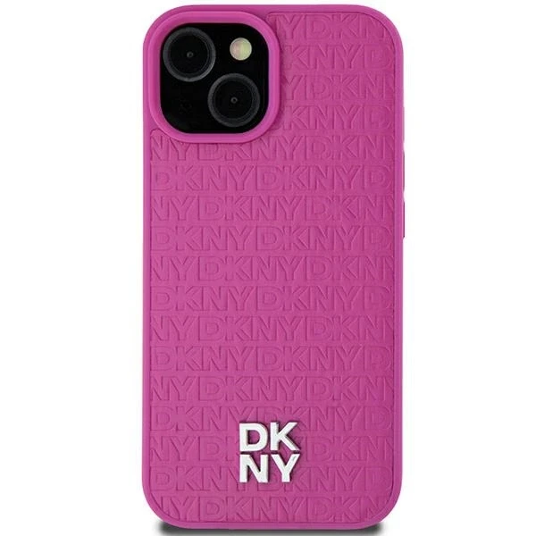 Apple iPhone 13 / 14 / 15 DKNY odinis dėklas Pattern Metal Logo MagSafe (DKHMP15SPSHRPSP) rožinės spalvos