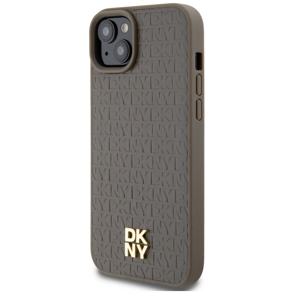 DKNY DKHMP15SPSHRPSW Apple iPhone 15 14 13 6.1 inch rudos spalvos kietas dėklas Leather Pattern Metal Logo MagSafe