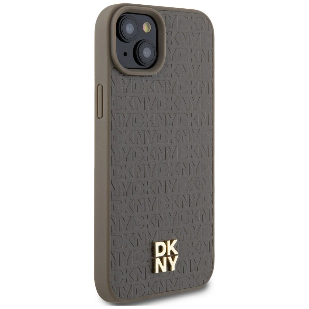DKNY DKHMP15SPSHRPSW Apple iPhone 15 14 13 6.1 inch rudos spalvos kietas dėklas Leather Pattern Metal Logo MagSafe