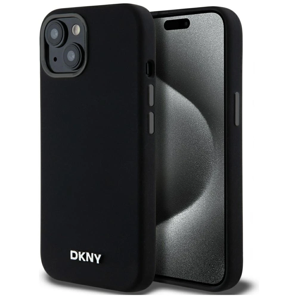 DKNY DKHMP14SSMCHLK Apple iPhone 14 15 13 6.1″ juodos spalvos kietas dėklas Liquid Silicone Small Metal Logo MagSafe
