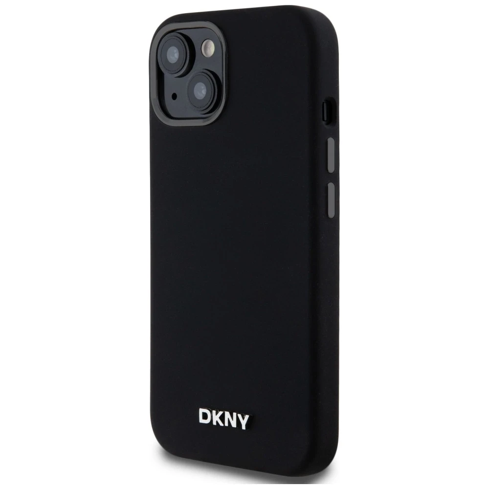 DKNY DKHMP14SSMCHLK Apple iPhone 14 15 13 6.1″ juodos spalvos kietas dėklas Liquid Silicone Small Metal Logo MagSafe