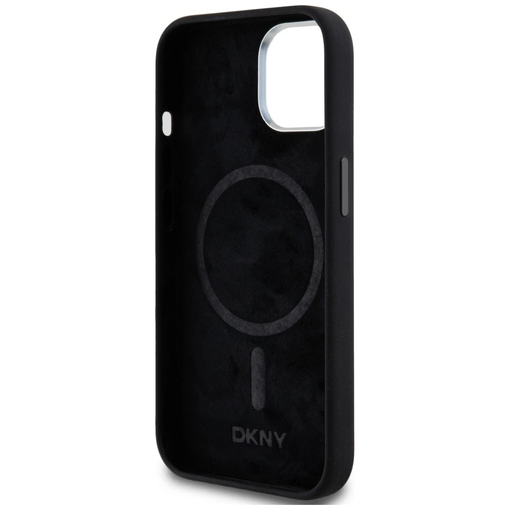 DKNY DKHMP14SSMCHLK Apple iPhone 14 15 13 6.1″ juodos spalvos kietas dėklas Liquid Silicone Small Metal Logo MagSafe