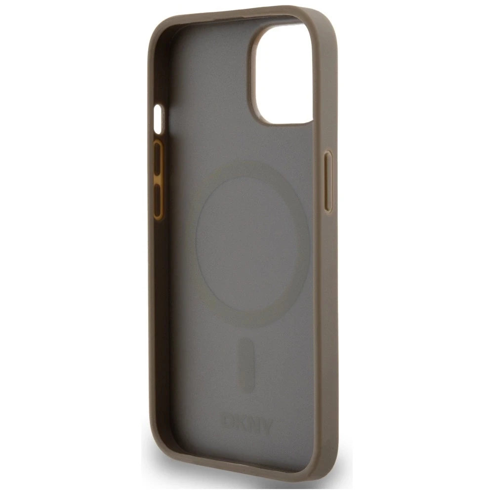 Apple iPhone 13 / 14 / 15 DKNY odinis dėklas Printed Pattern Metal Logo MagSafe (DKHMP15SPSOSPW) rudos spalvos