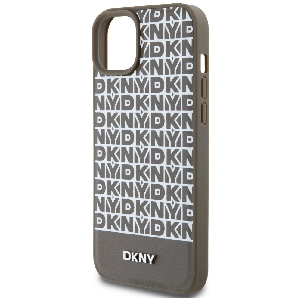 Apple iPhone 13 / 14 / 15 DKNY odinis dėklas Printed Pattern Metal Logo MagSafe (DKHMP15SPSOSPW) rudos spalvos