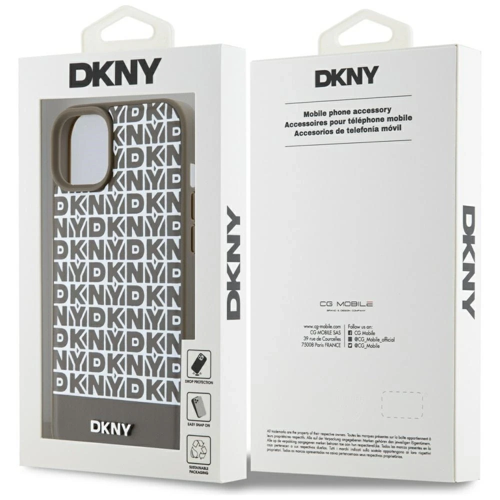 Apple iPhone 13 / 14 / 15 DKNY odinis dėklas Printed Pattern Metal Logo MagSafe (DKHMP15SPSOSPW) rudos spalvos