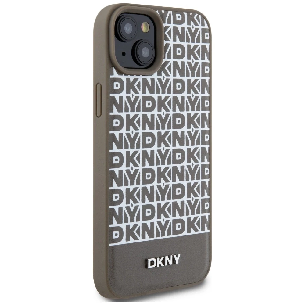 Apple iPhone 13 / 14 / 15 DKNY odinis dėklas Printed Pattern Metal Logo MagSafe (DKHMP15SPSOSPW) rudos spalvos