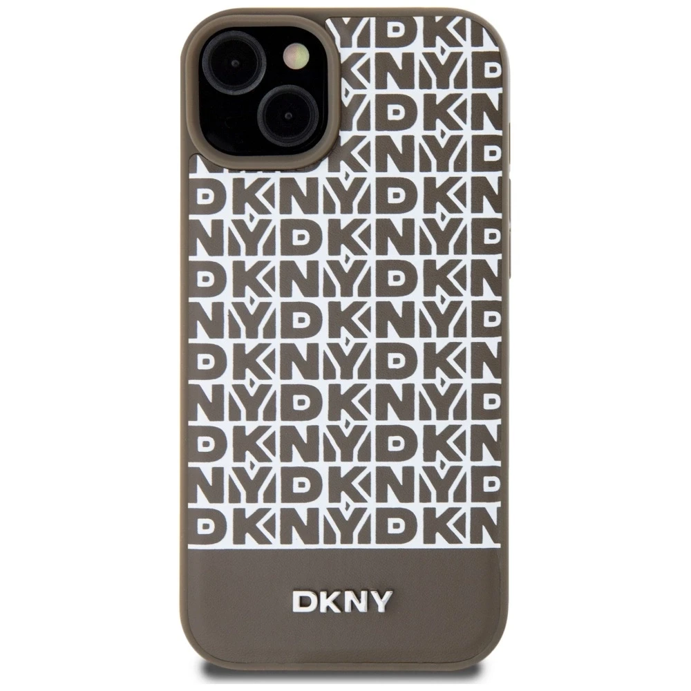 Apple iPhone 13 / 14 / 15 DKNY odinis dėklas Printed Pattern Metal Logo MagSafe (DKHMP15SPSOSPW) rudos spalvos
