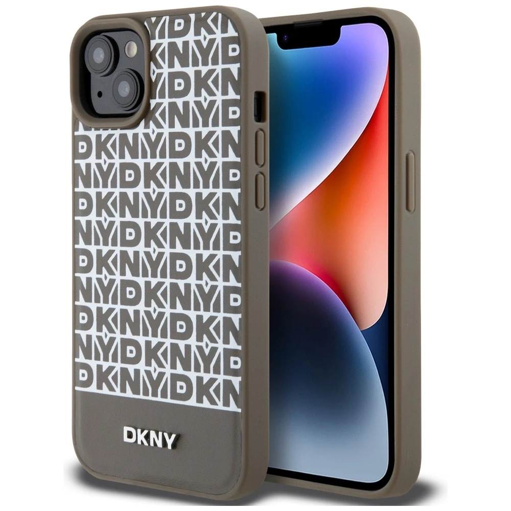 Apple iPhone 13 / 14 / 15 DKNY odinis dėklas Printed Pattern Metal Logo MagSafe (DKHMP15SPSOSPW) rudos spalvos