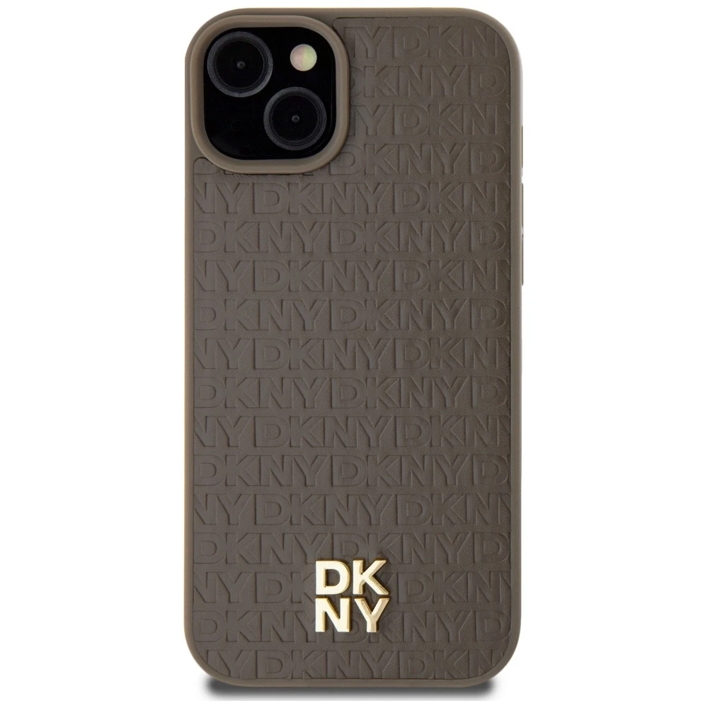 DKNY DKHMP15MPSHRPSW Apple iPhone 15 Plus 14 Plus 6.7 inch rudos spalvos kietas dėklas Leather Pattern Metal Logo Mag