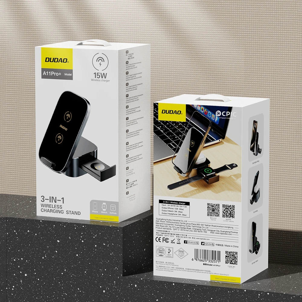 Dudao A11Pro+ 15W 3in1 belaidis įkroviklis skirtas Phone/Išmanusis laikrodis/Headphones – juodos spalvos