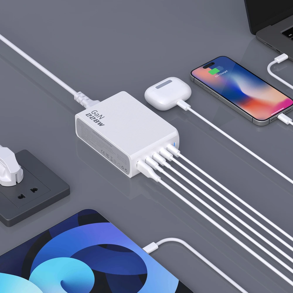 Dudao A228EU GaN įkroviklis 1x USB-A 4x USB-C PD 228W - baltos spalvos