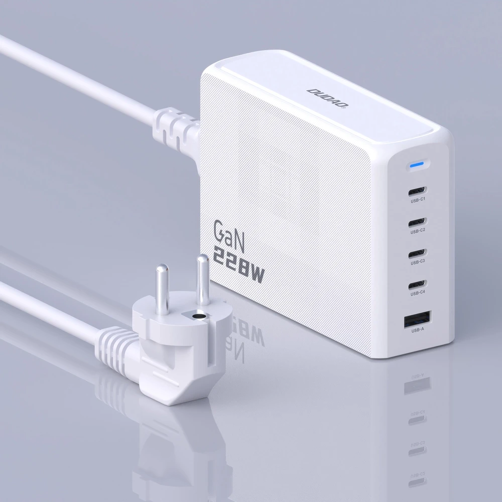 Dudao A228EU GaN įkroviklis 1x USB-A 4x USB-C PD 228W - baltos spalvos