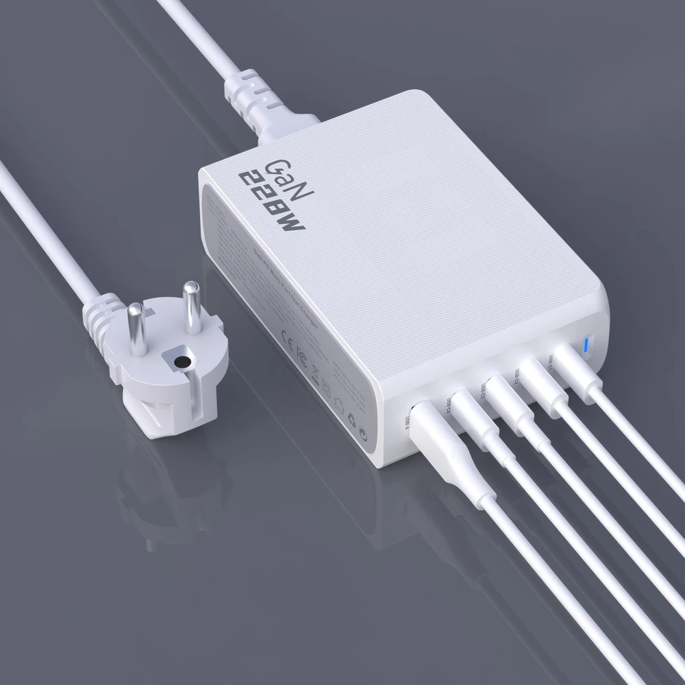 Dudao A228EU GaN įkroviklis 1x USB-A 4x USB-C PD 228W - baltos spalvos