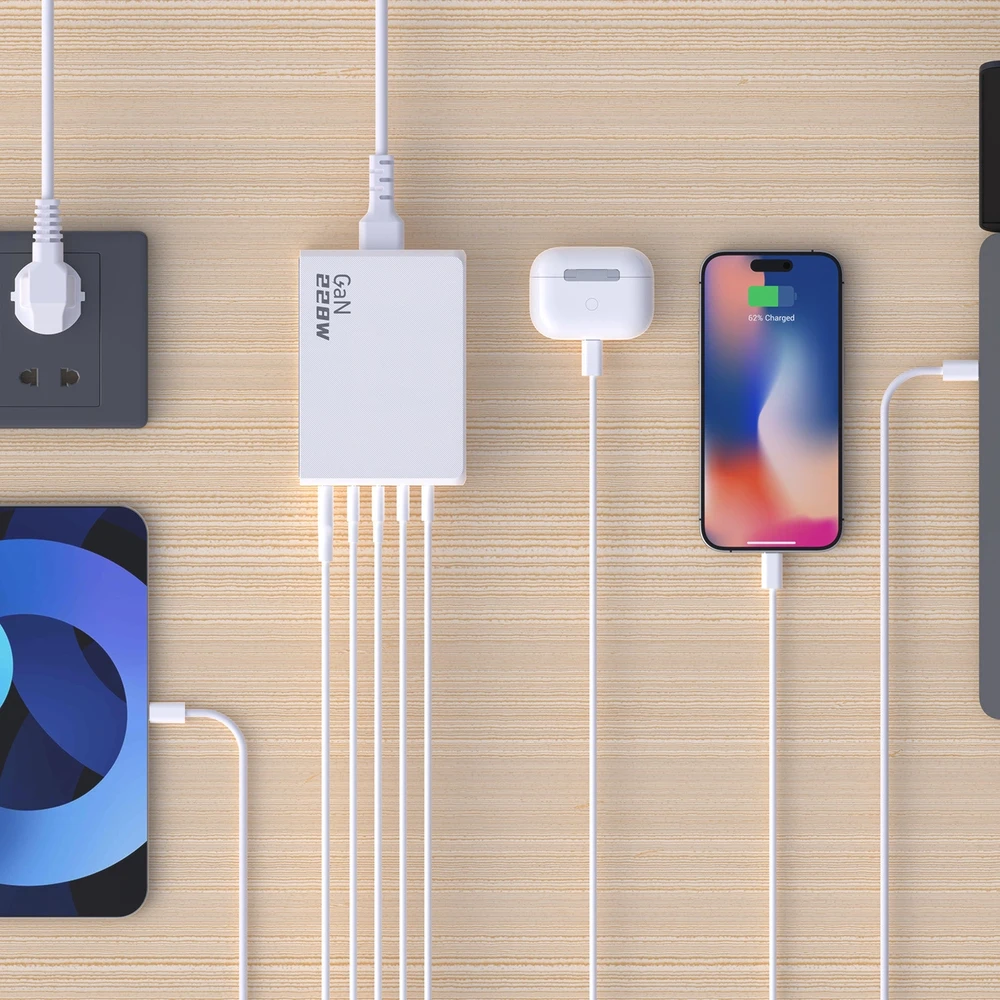 Dudao A228EU GaN įkroviklis 1x USB-A 4x USB-C PD 228W - baltos spalvos