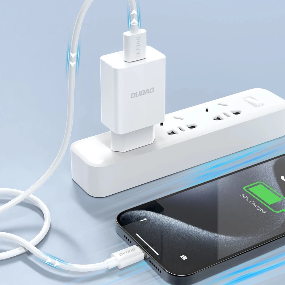 Dudao A4EU USB-A 2.1A laidinis įkroviklis – baltos spalvos + USB-A – Lightning kabelis