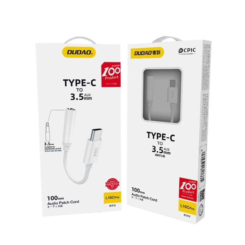 Dudao garso adapterio ausinių adapteris nuo C tipo USB iki mini lizdo 3,5 mm baltas (L16CPo baltas)