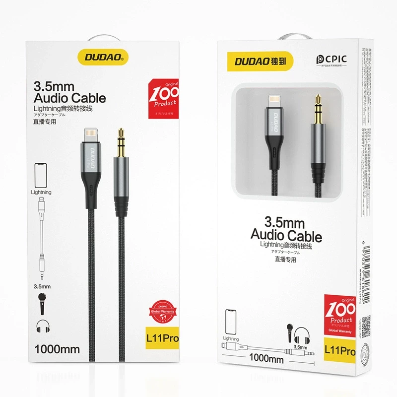 Dudao audio cable Lightning – mini jack 3.5mm 1m pilka (L11PRO)