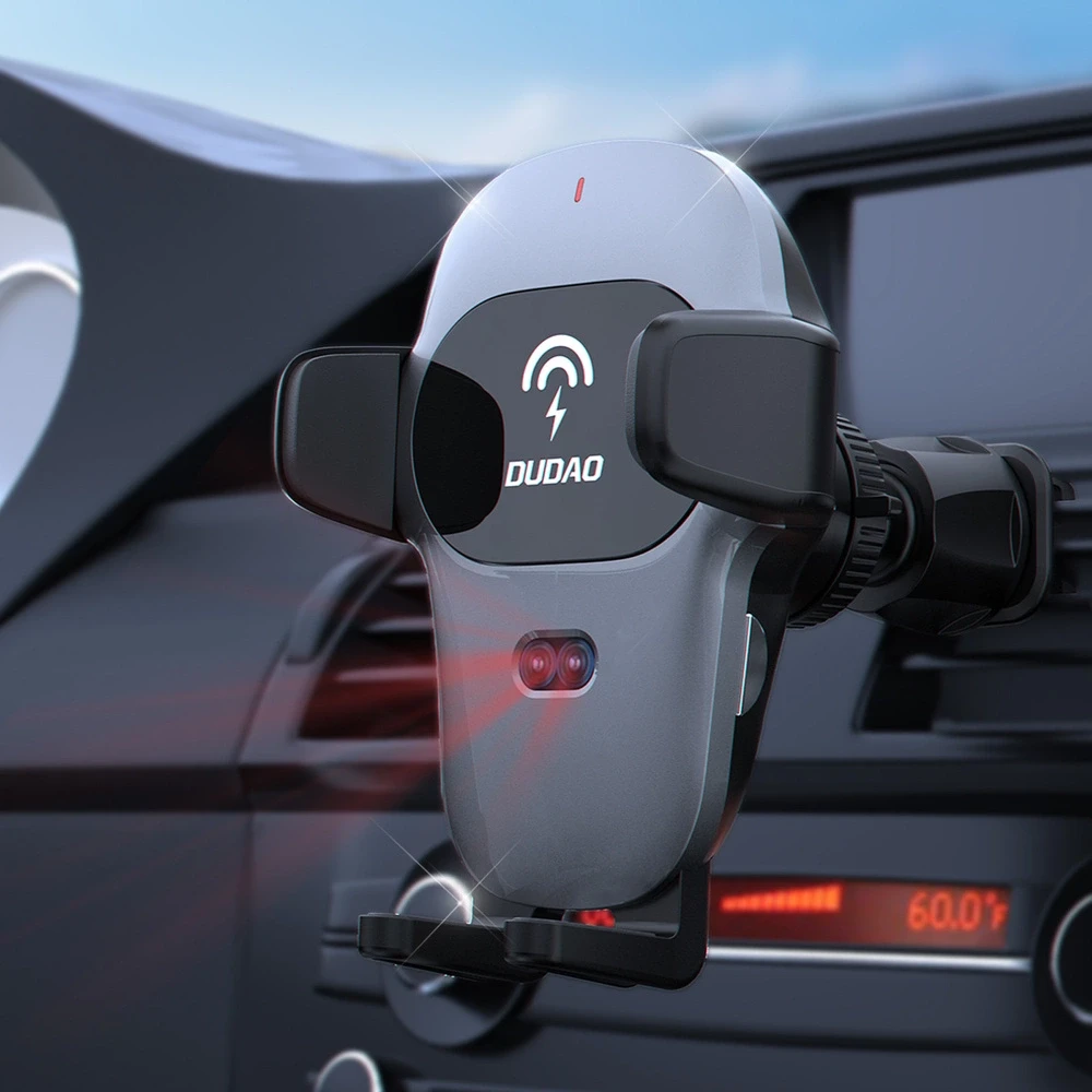 Dudao automobilinis telefono laikiklis with built-in Qi wireless charger 15W pilka (F20xs)