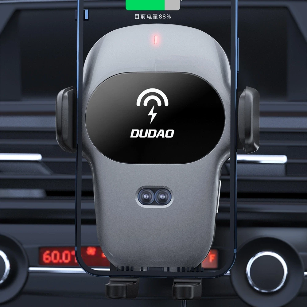 Dudao automobilinis telefono laikiklis with built-in Qi wireless charger 15W pilka (F20xs)