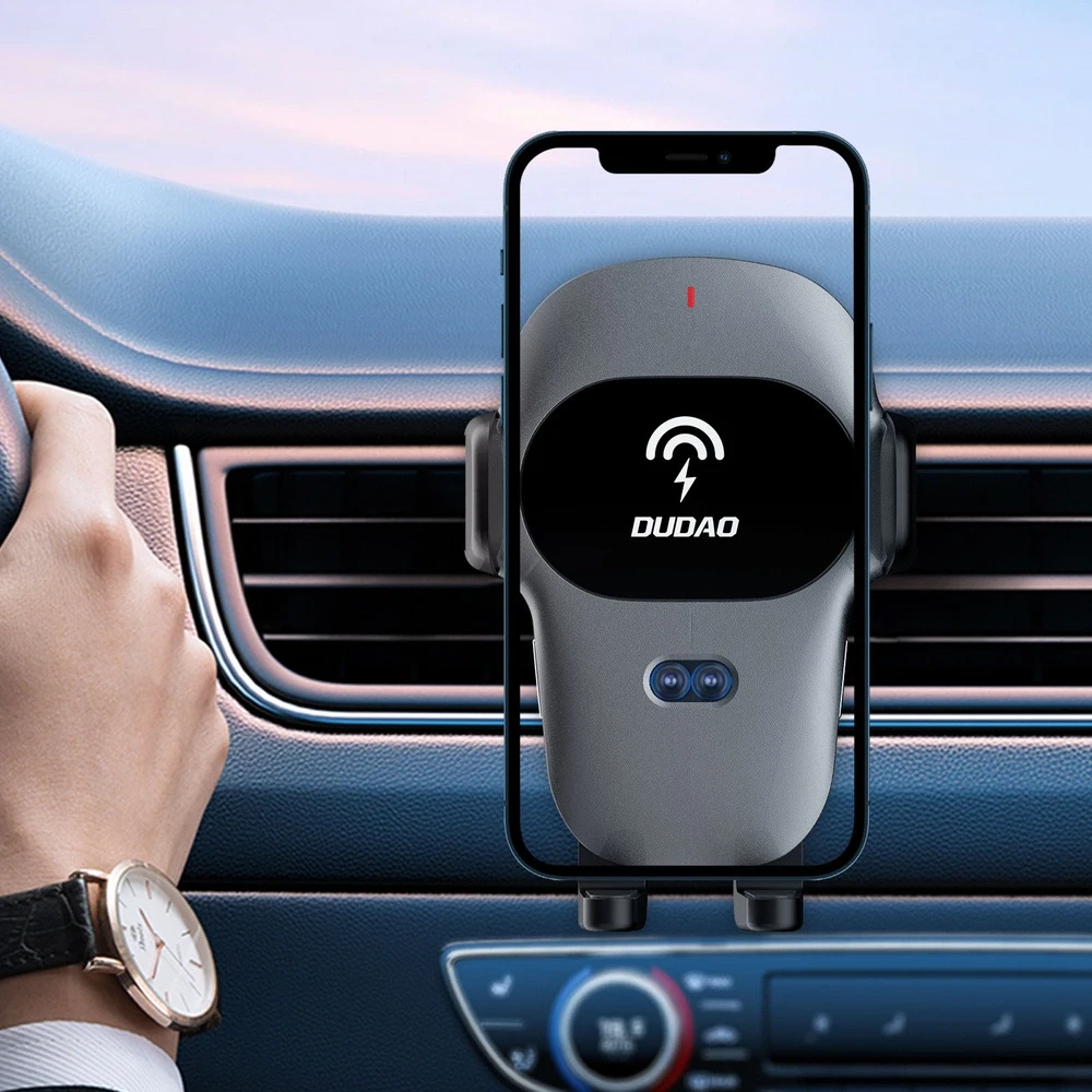 Dudao automobilinis telefono laikiklis with built-in Qi wireless charger 15W pilka (F20xs)
