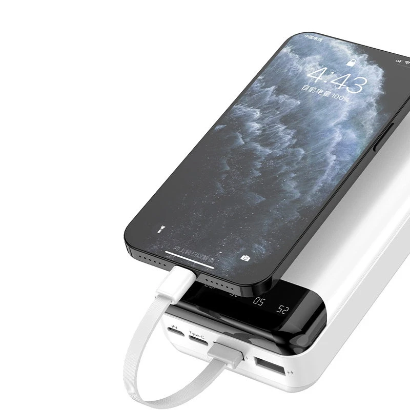 Dudao talpus maitinimo blokas su 3 įmontuotu kabeliu 20000mAh USB Type C + micro USB + Lightning baltos spalvos (Dudao K6Pro +)