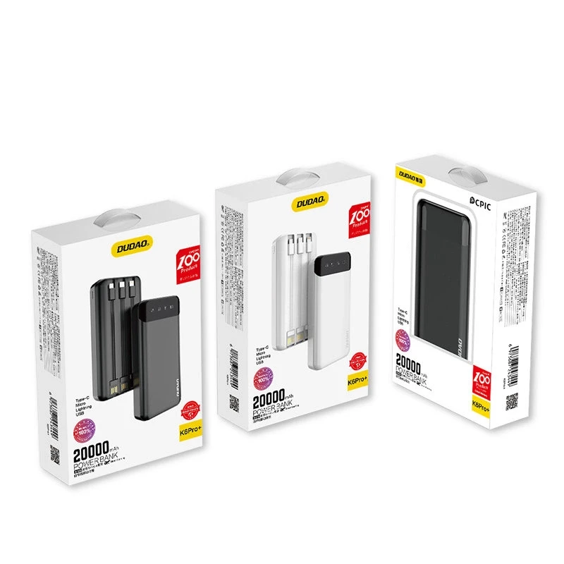 Dudao talpus maitinimo blokas su 3 įmontuotu kabeliu 20000mAh USB Type C + micro USB + Lightning baltos spalvos (Dudao K6Pro +)
