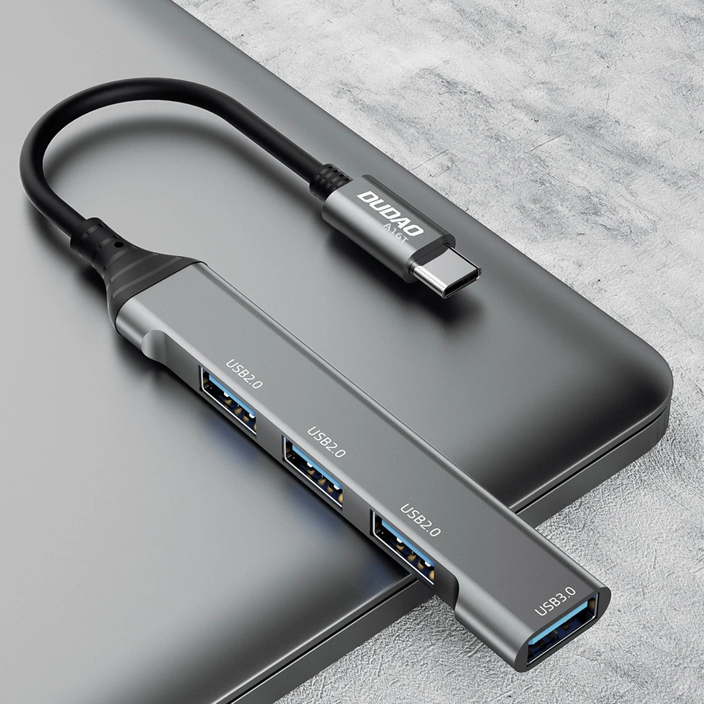 Dudao HUB 4in1 USB-C – 4x USB-A (3 x USB2.0 / USB3.0) 6.3cm juodos spalvos (A16T)