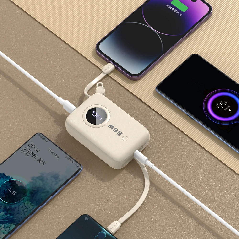 Dudao K14 10000mAh maitinimo blokas su USB-C / Lightning laidais - smėlio spalvos