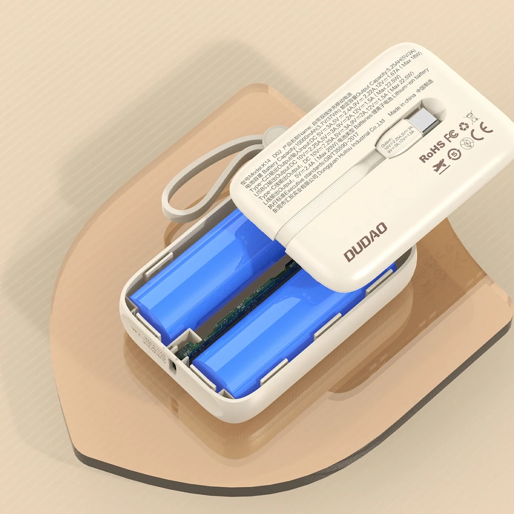Dudao K14 10000mAh maitinimo blokas su USB-C / Lightning laidais - smėlio spalvos