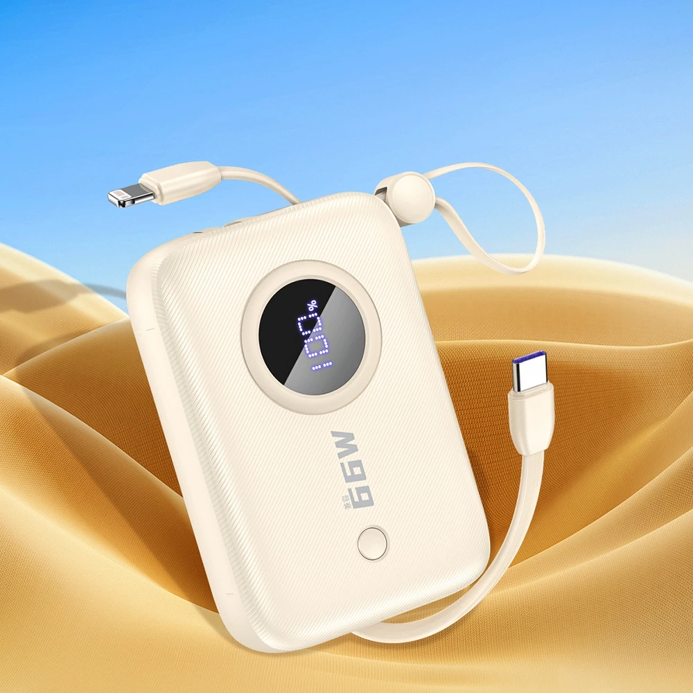 Dudao K14 10000mAh maitinimo blokas su USB-C / Lightning laidais - smėlio spalvos