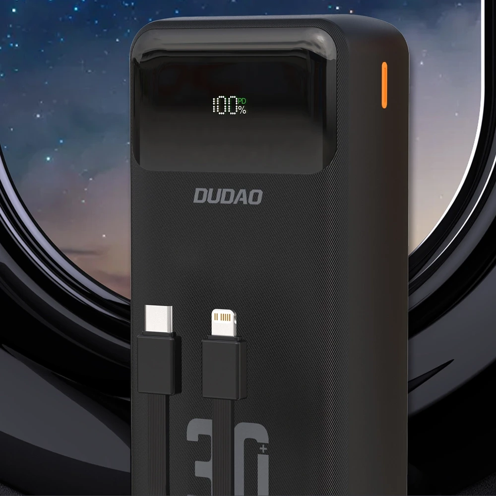 Dudao K15MAX 30000mAh PD 22.5W išorinė baterija su įmontuotais laidais – juoda