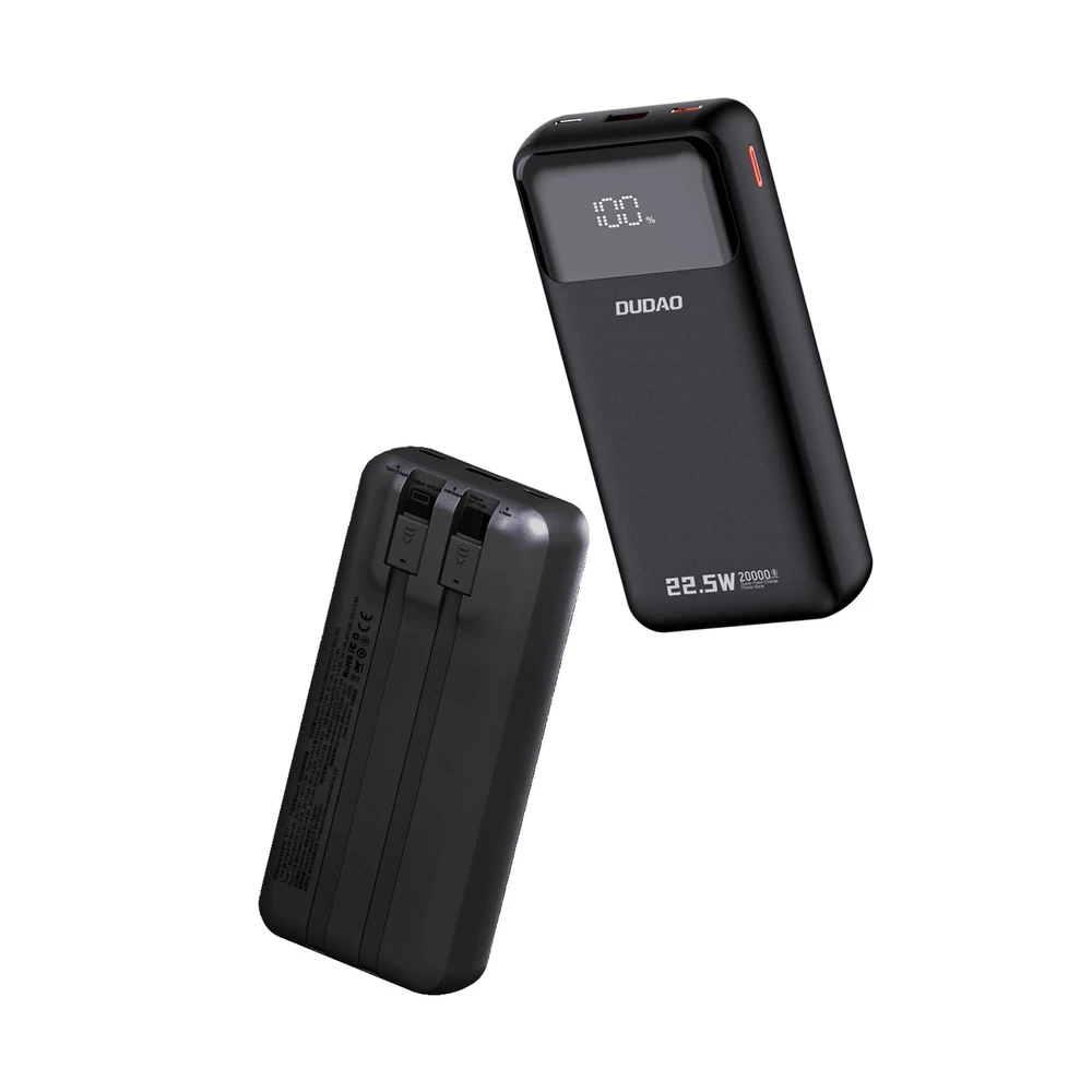 Dudao K15Pro Power Bank 20000mAh 22,5W PD USB-C / USB-A / Integruoti Lightning ir USB-C laidai – juodi