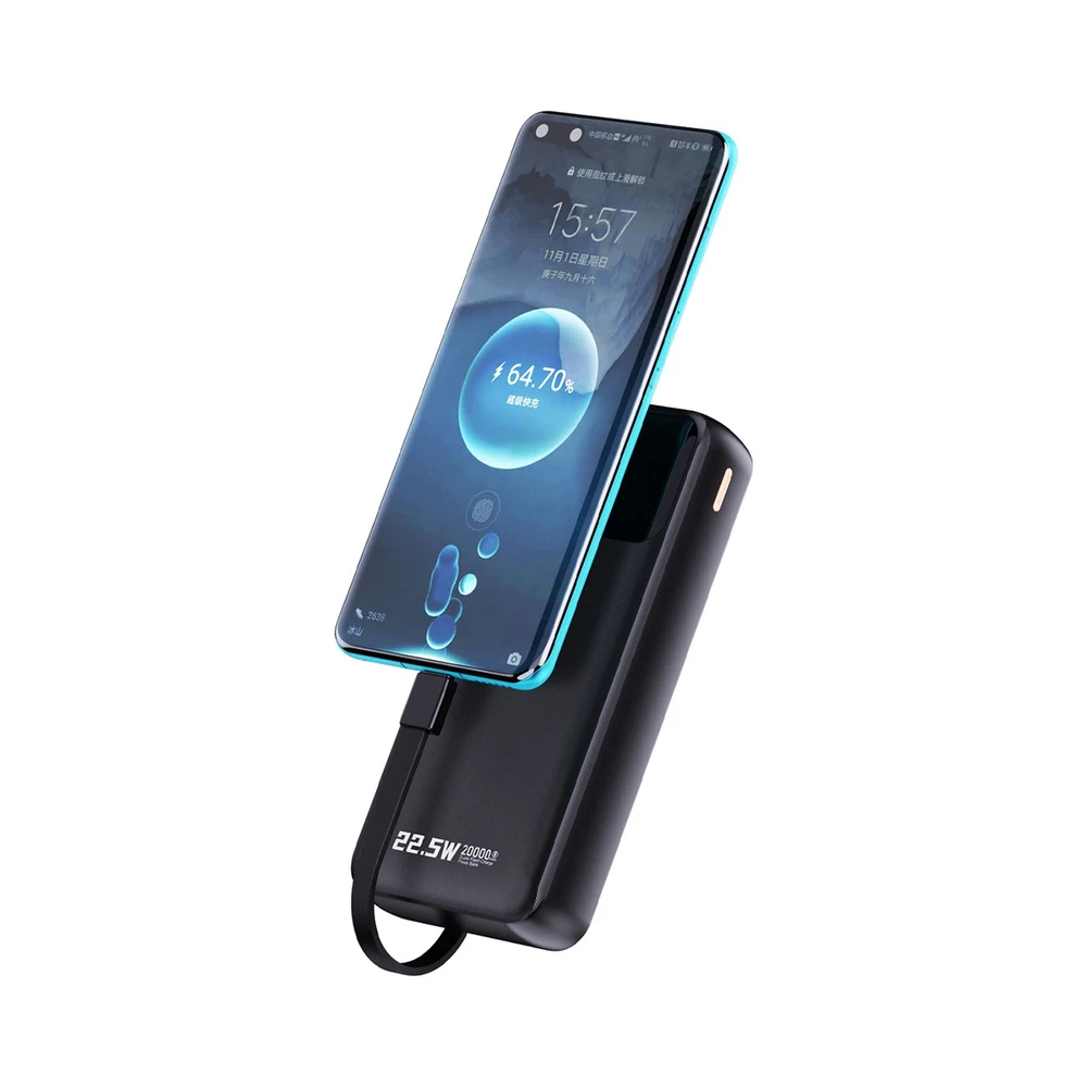 Dudao K15Pro Power Bank 20000mAh 22,5W PD USB-C / USB-A / Integruoti Lightning ir USB-C laidai – juodi