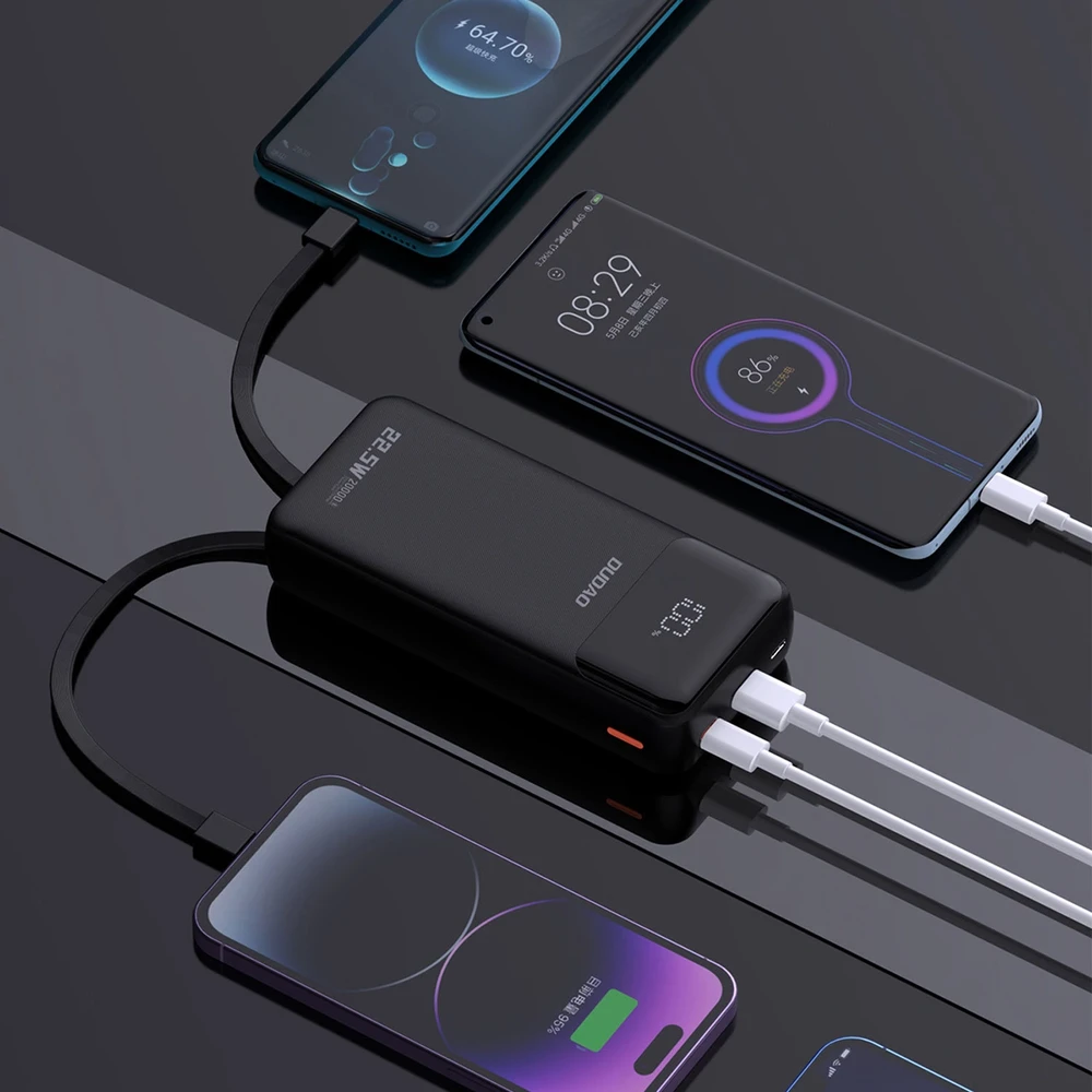 Dudao K15Pro Power Bank 20000mAh 22,5W PD USB-C / USB-A / Integruoti Lightning ir USB-C laidai – juodi