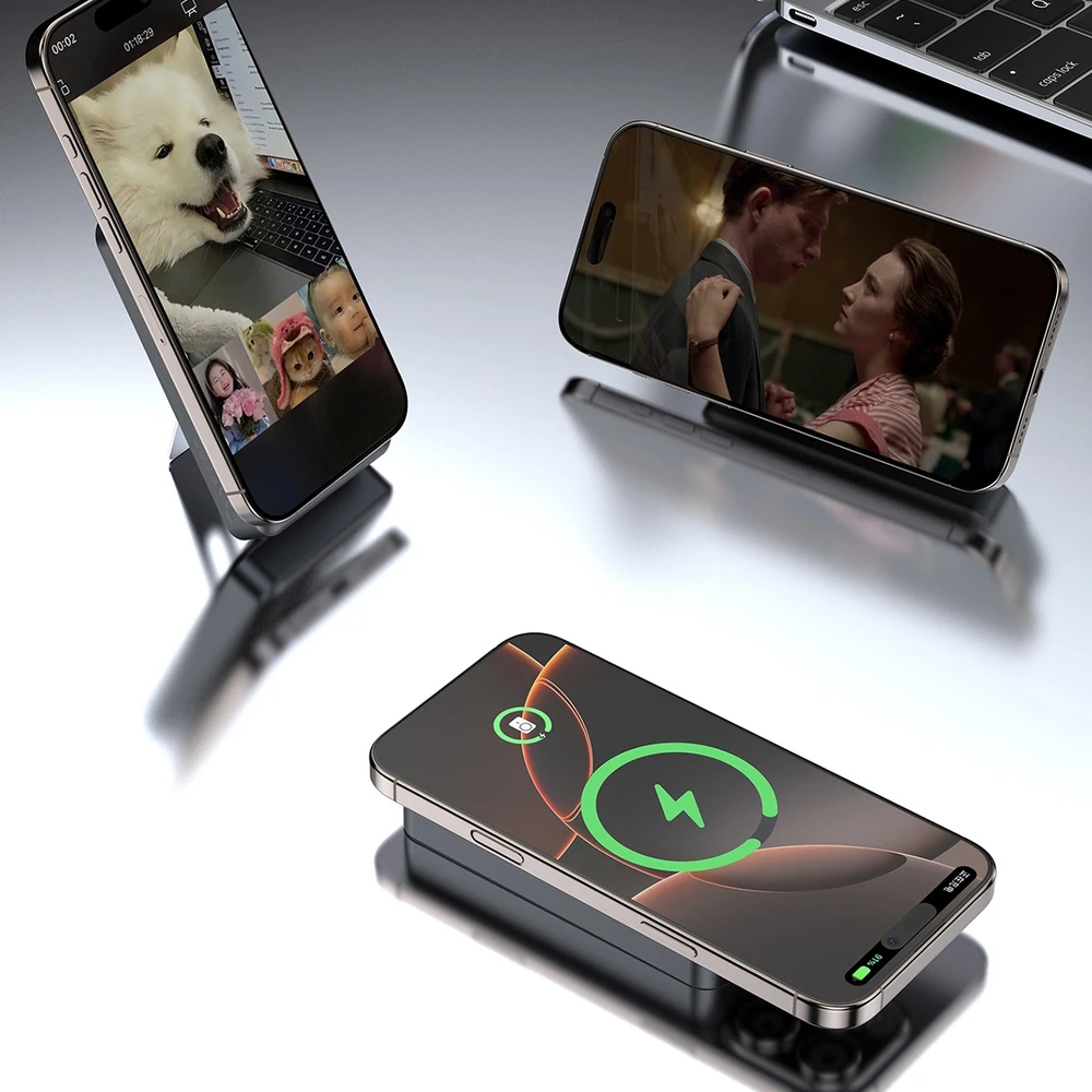Dudao K29 10000mAh PD 20W „MagSafe“ išorinė baterija su metaliniu dėklu, stovu ir integruotais USB-C / „Lightning“ laidais – pilkos spalvos