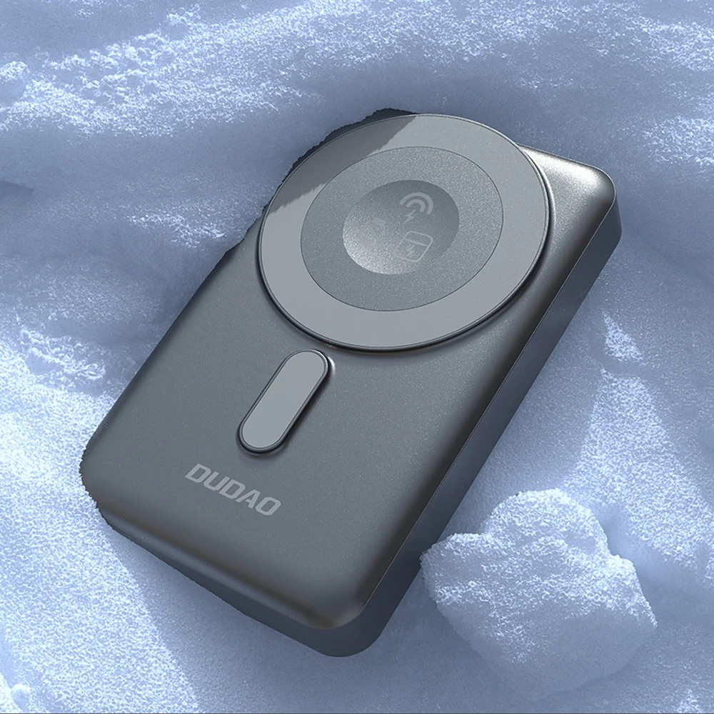 Dudao K29 10000mAh PD 20W „MagSafe“ išorinė baterija su metaliniu dėklu, stovu ir integruotais USB-C / „Lightning“ laidais – pilkos spalvos