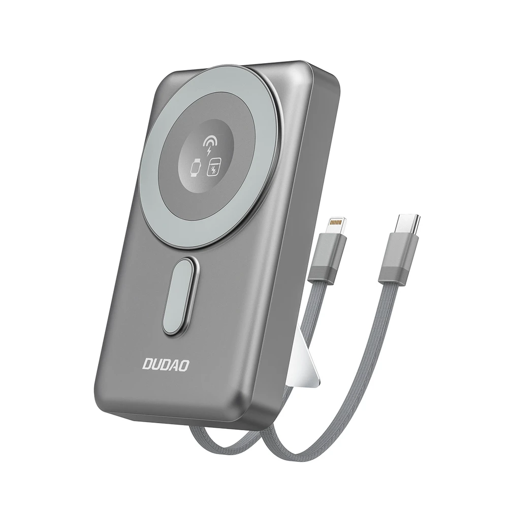 Dudao K29 10000mAh PD 20W „MagSafe“ išorinė baterija su metaliniu dėklu, stovu ir integruotais USB-C / „Lightning“ laidais – pilkos spalvos