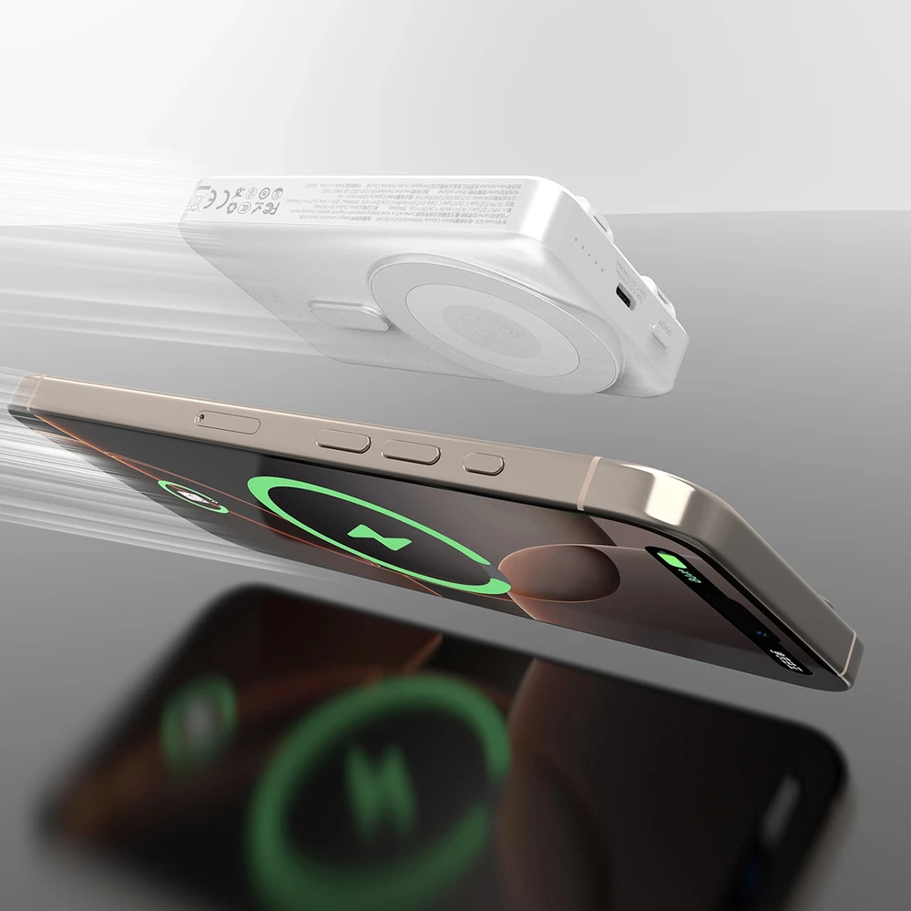 Dudao K29 10000mAh PD 20W „MagSafe“ išorinė baterija su metaliniu dėklu, stovu ir integruotais USB-C / „Lightning“ laidais – pilkos spalvos