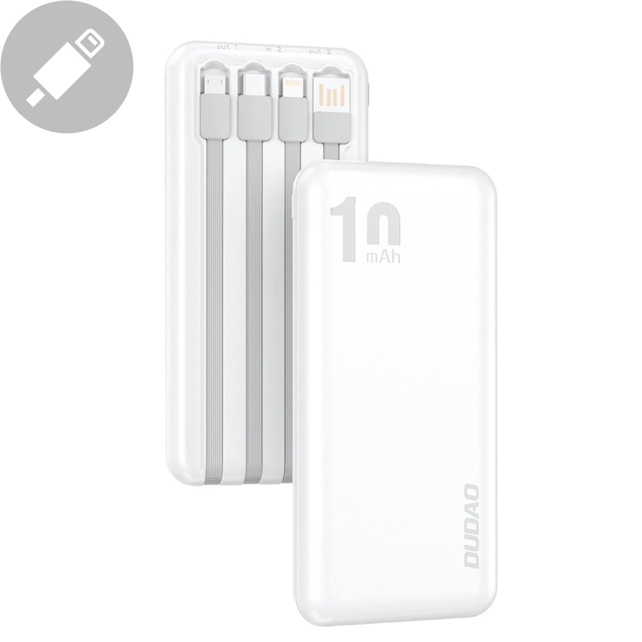 Dudao K6Pro Universal 10000mAh Power Bank su USB kabeliu, USB Type C, Lightning baltos spalvos (K6Pro-baltos spalvos)
