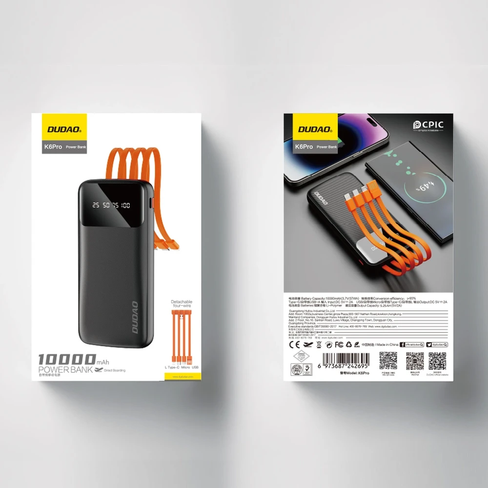 „Dudao K6Pro“ universalus 10 000 mAh maitinimo blokas su USB kabeliu, USB tipas C, žaibo juodas (K6Pro-juodas)